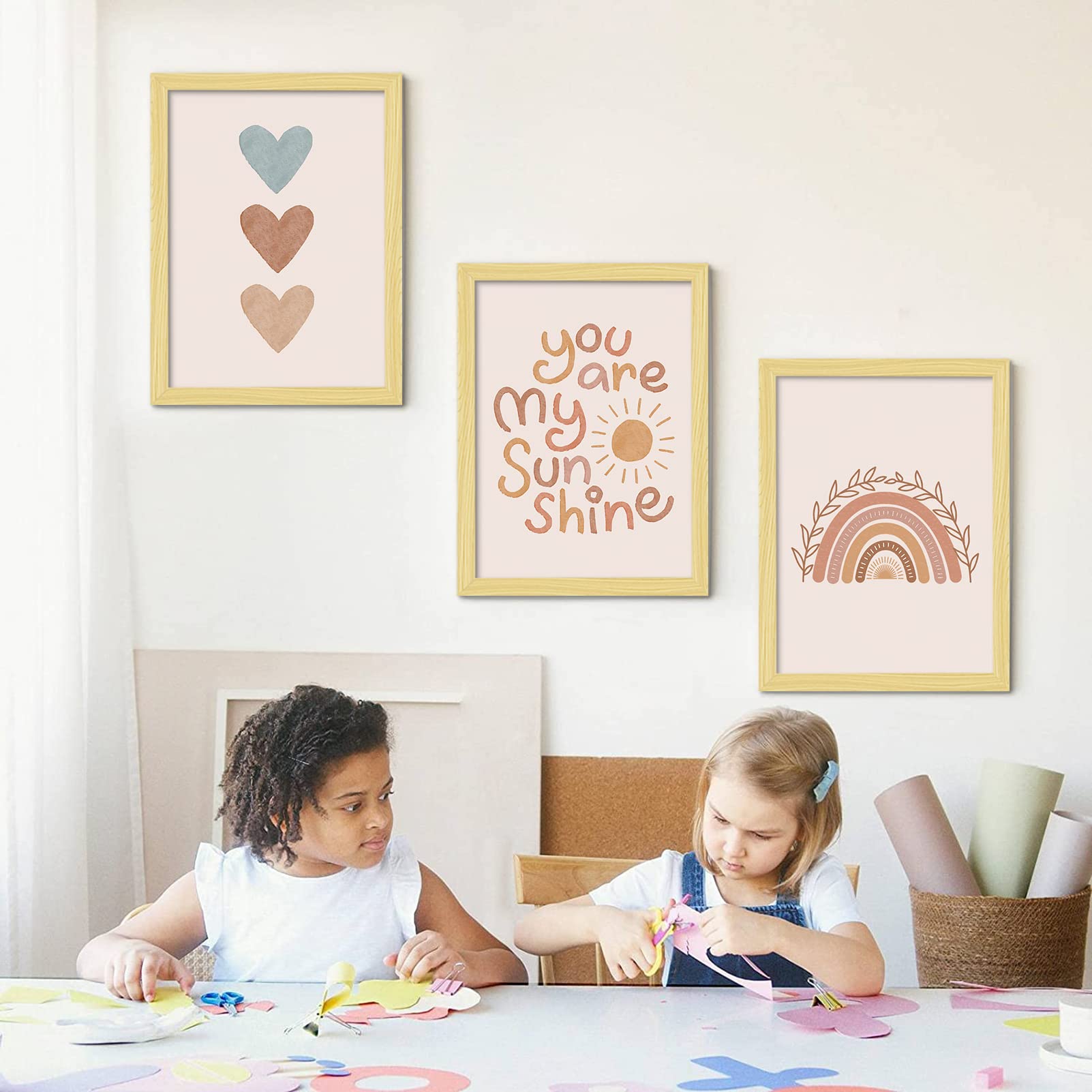 You Are My Sunshine Framed Wall Art Decor 3 Panel 12x16 Inch Heart Rainbow Nursery Boho Kids room Baby Girl Bedroom Decor for Nursery Decor