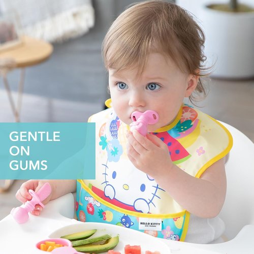 Bumkins Baby Utensils Set - Chewtensils Silicone Spoons for Self-Feeding | Hello Kitty Pink, 6 Months