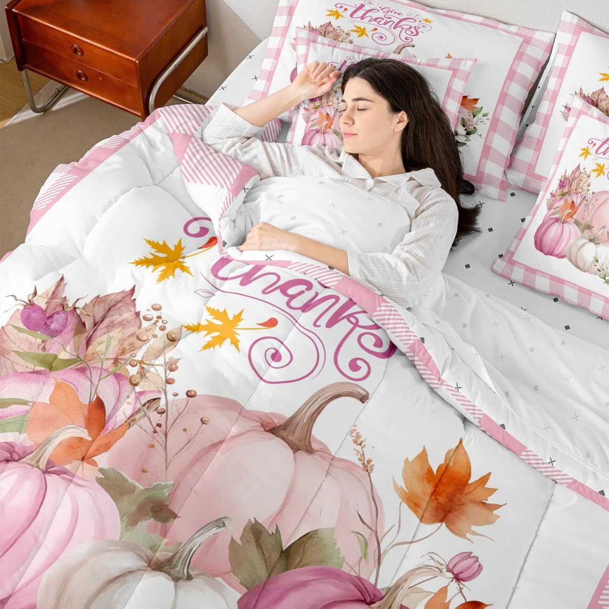 Feelyou Kids Pink Fall Comforter Set Full Size 7 Pieces Comforters Fall Pumpkin Floral Bedding Set Autumn Harvest Grid Bed Set Bed in a Bag with Comforter, Sheets, Pillowcases & Cushion Covers