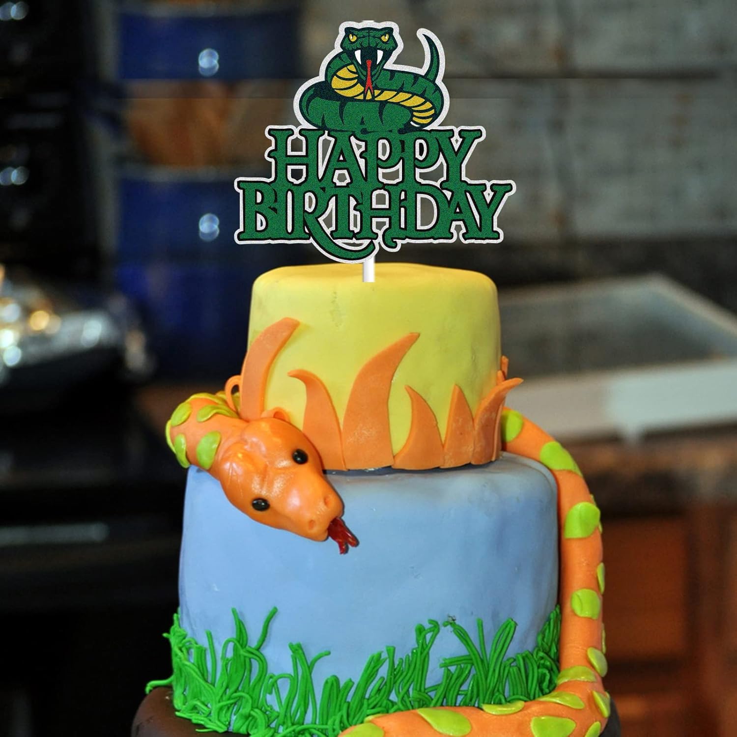 Snake Happy Birthday Cake Topper - Green Glitter Jungle Animal Theme | Perfect Decoration for Kids
