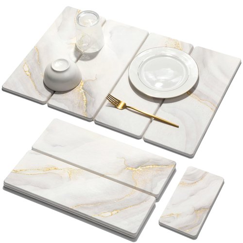 Large Stone Dish Drying Mat for Kitchen Counter, 2 PCS Quick Dry Stone Mats, Foldable Water Absorbing Diatomaceous Earth Drying Dishes Pad for Countertop Bottle Utensil Cup(Yellow White 24"x16"&8"x4")