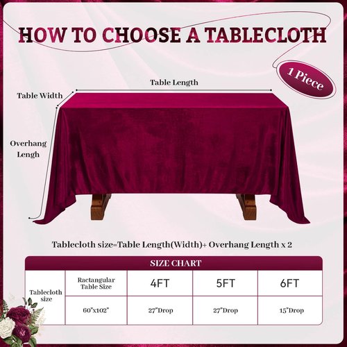 SoarDream Burgundy Velvet Tablecloth 60x102 Inch Soft Rectangular Table Overlay for Christmas Cake Table Holiday Dinner Decor