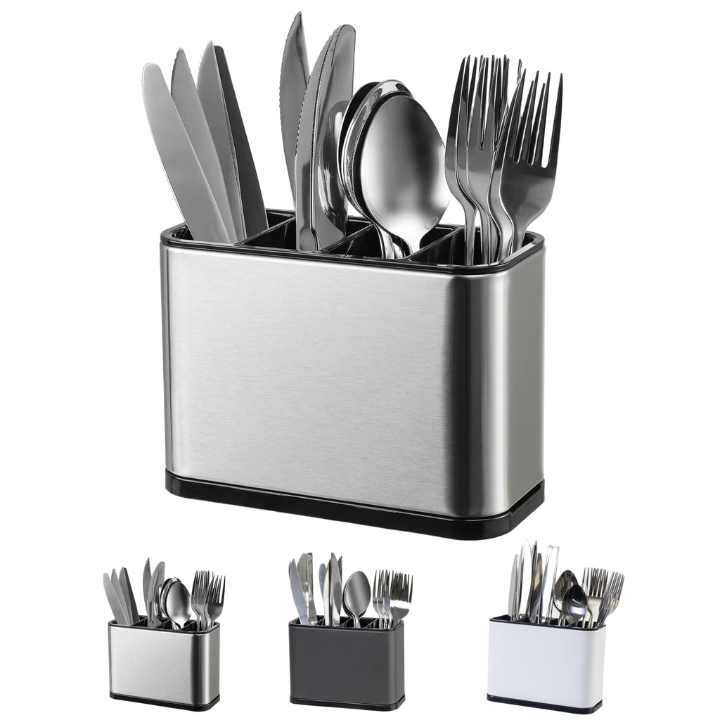 LIBODOUR Utensil Holder,Stainless Steel Caddy Counter,Spoon holder,4 Compartments Silverware Caddy,Capacity Flatware Spoon Fork Tool Cutlery Holder（Silvery）