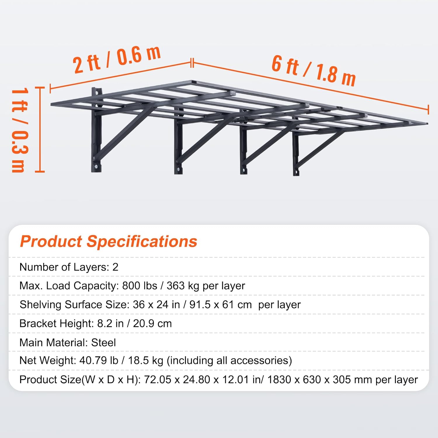 VEVOR Heavy Duty Garage Shelving - Wall Mounted 2 x 6 ft Storage Rack | 1600 lbs Load Capacity, 2 Pack