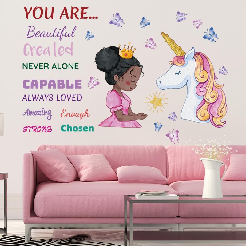 Suplanet Unicorn Wall Decals for Girls Bedroom, Black Girl Wall Stickers, Toddler Black Girl Room Decor, Unicorn Wall Stickers for Girls Room