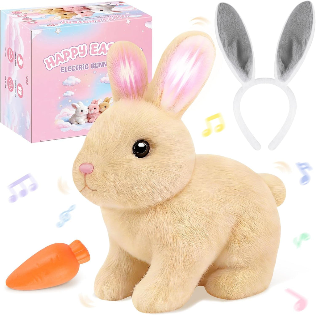 Skiennix Realistic Bunny Toy - Interactive Hopping Rabbit Set with Headband, Electric Sounds & Movements, Brown