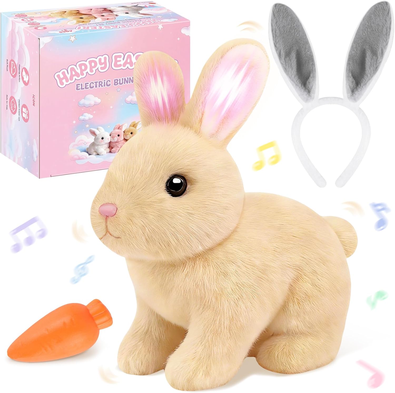 Skiennix Realistic Bunny Toy - Interactive Hopping Rabbit Set with Headband, Electric Sounds & Movements, Brown
