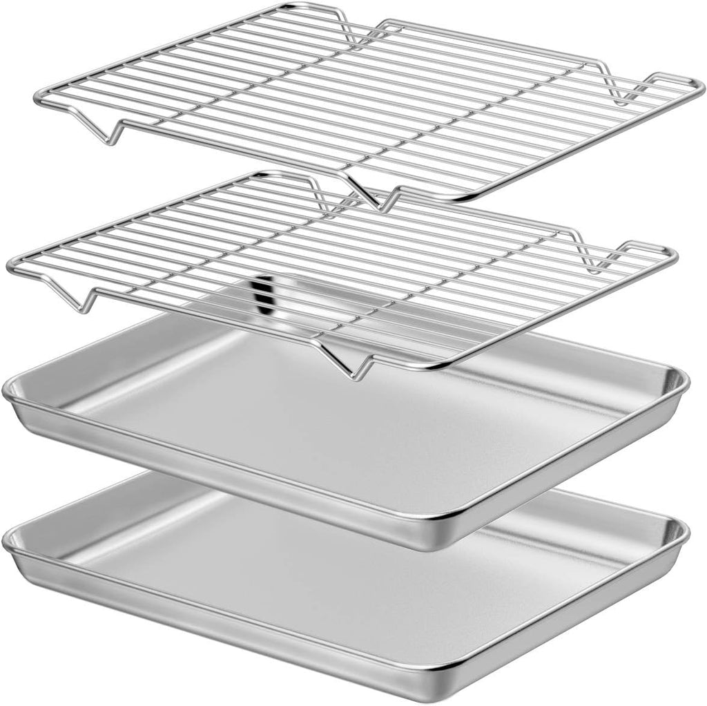 Wildone Baking Sheet Set - Stainless Steel Cookie Pan with Cooling Racks | 2 Sheets & 2 Racks, 10 x 8 x 1 Inch