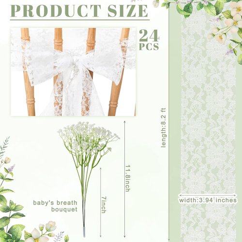 Moukeren White Lace Chair Sashes - 24 Sets with Artificial Baby's Breath | 8.2ft Wedding Aisle Decor
