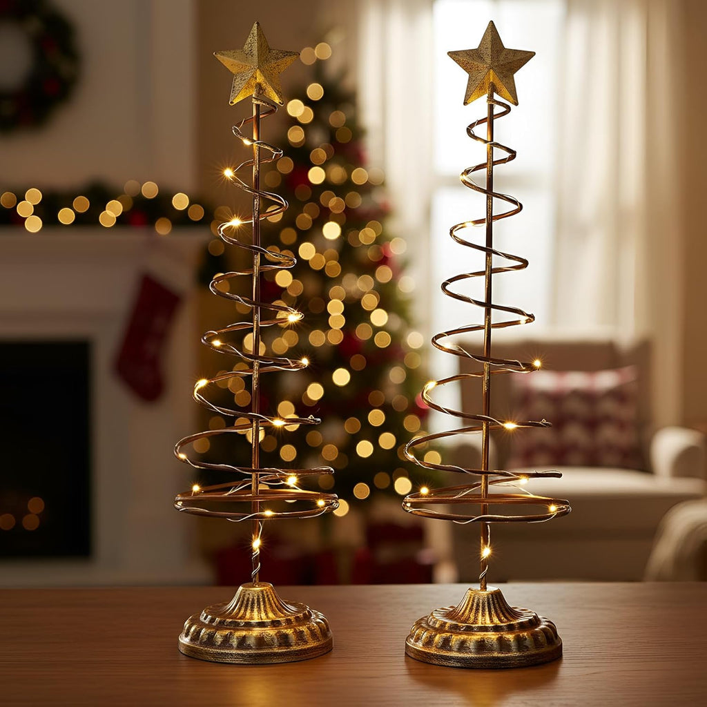 Skiennix Lighted Christmas Tree Table Decoration - Set of 2 Mini Prelit Xmas Trees with Golden Star | Battery Operated, Gold