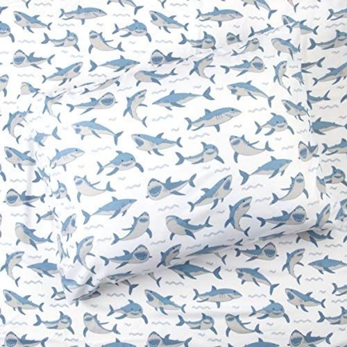 Sleeping Partners 3-Piece Blue Shark Sheet Set | 1 Twin Flat Sheet, 1 Twin Fitted Sheet & 1 Queen Pillowcase | Made of 100% Super Soft Microfiber Polyester | Soft, Smooth & Durable | Ideal for Boys
