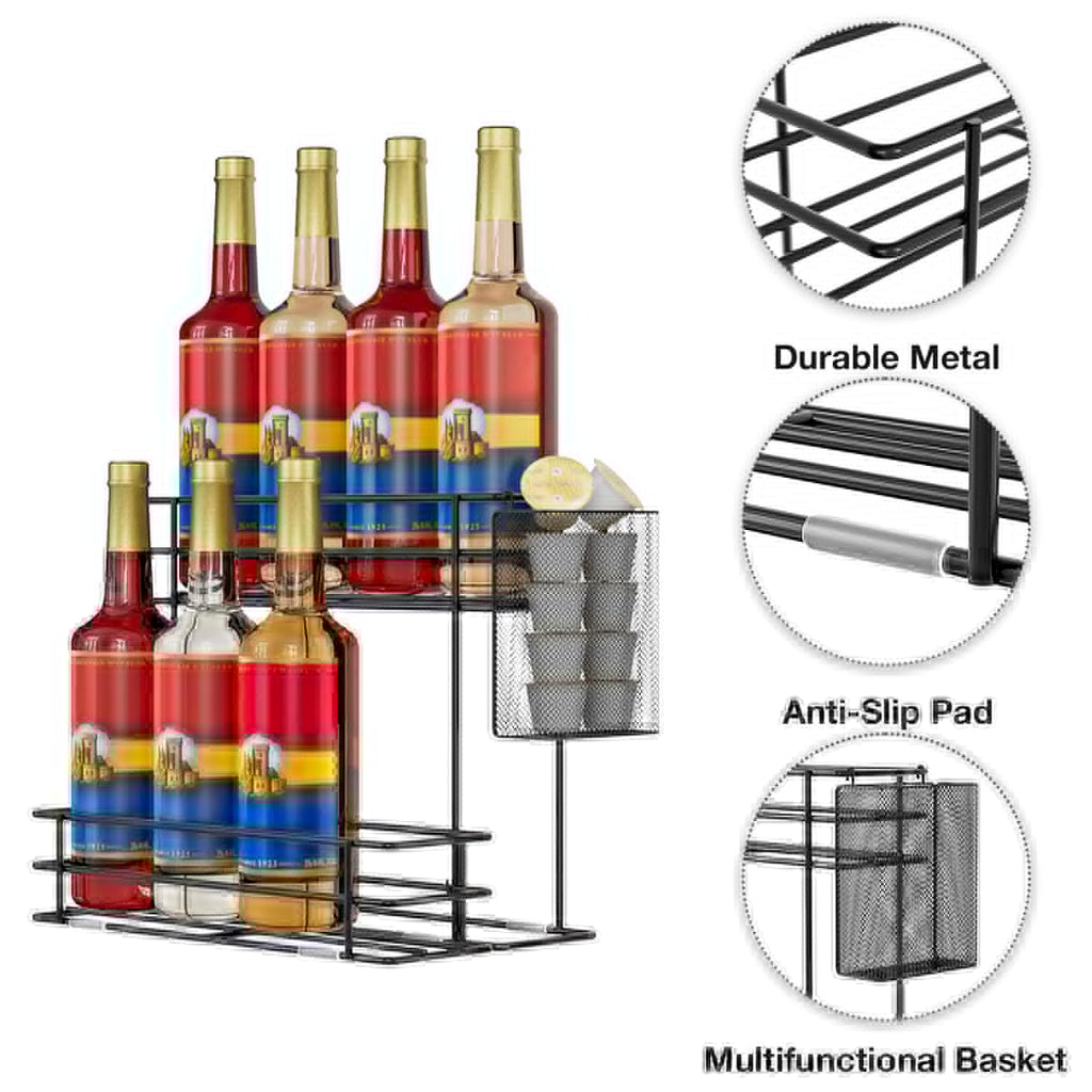 OVICAR Coffee Syrup Organizer Rack - 8 Bottle Holder Stand for Coffee Bar & Station Accessories with Straw & Pod Basket, 2 Tiers Black