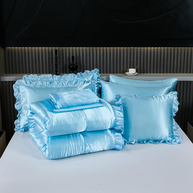 Satin Comforter Set with Sheet Set Full 8 Pcs Silk Like Pink Bedding Set Silky Ruffle Pattern Luxury Silky Comforter Set with 1 Cushion Cover