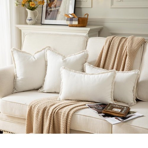 Joyouth Set of 2 Decorative Fringe Throw Pillow Covers Chenille Pillow Covers Elegant Design Pillowcase Soft Tassels Cushion Cover for Couch Bed Home Decor,18×18 Inch,Cream White