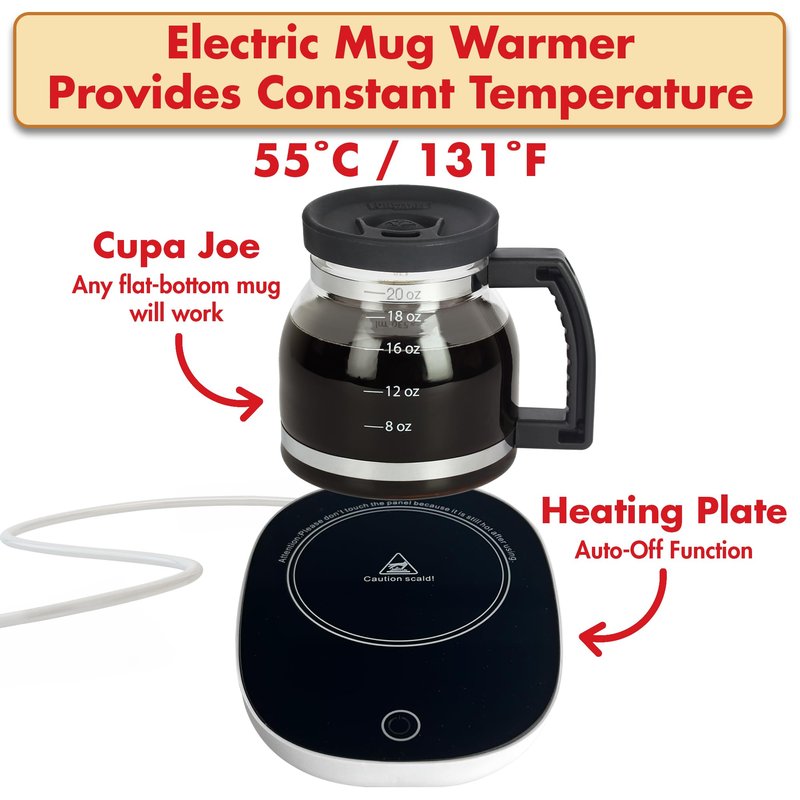 Electric Mug Warmer + Cupa Joe 20oz Diner-Style Mug Gift Set – Borosilicate Glass with Spill-Proof Lid – Unique Coffee Cup for Home, Coworkers, or Desk Use