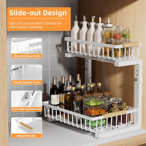Lxmons Under Sink Organizer, 2 Tier Height Adjustable Pull Out Cabinet Organizer Drawer, Metal Storage Shelf with Slide Out Wire Basket for Bathroom Kitchen, Countertop Pantry, White