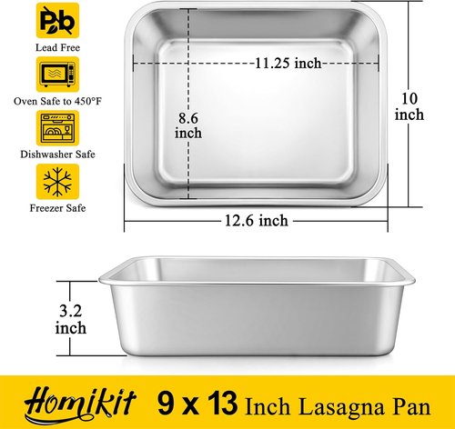 Homikit Lasagna Pan Set - 3 Inch Deep Stainless Steel Baking Dish | 9x13 Roasting Tray, Rustproof & Dishwasher Safe