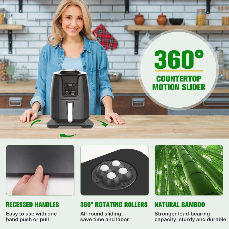Appliance Slider 360° Rolling Tray for Coffee Maker Bamboo Coffee Pot Slider Tray Countertop Rotation Sliding Tray with Wheels, Small Appliances Mat Easily from Under the Cabinet Black(13.9"×9.4")