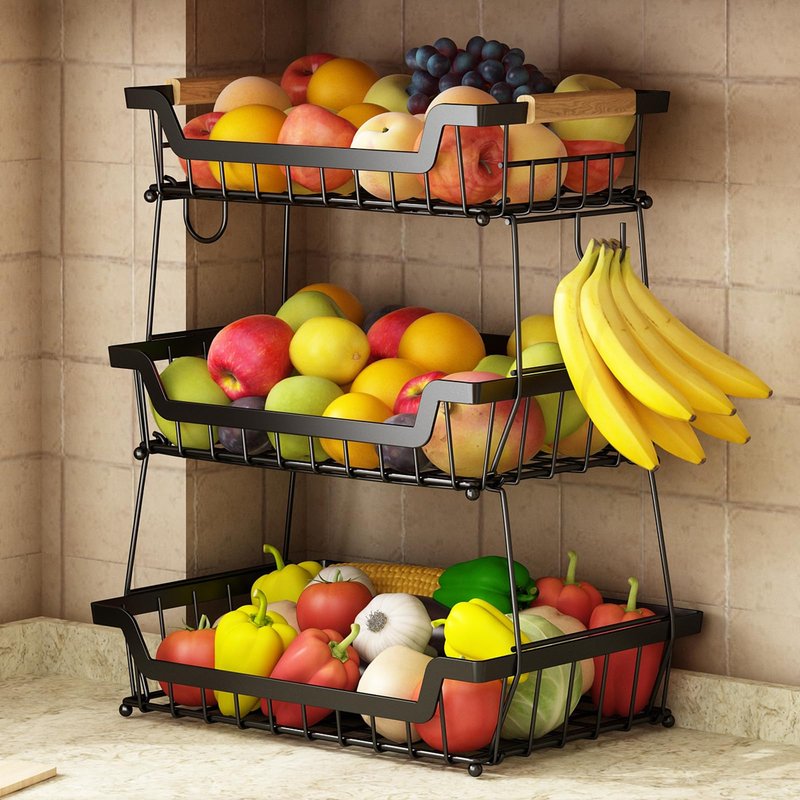 GILLAS 2 Tier Countertop Fruit Basket with 2 Banana Hangers for Kitchen, Detachable Metal Organizer for Bread Vegetable Fruits with Wooden Handle, Large Capacity Rectangular Storage Stand Bowls, Black