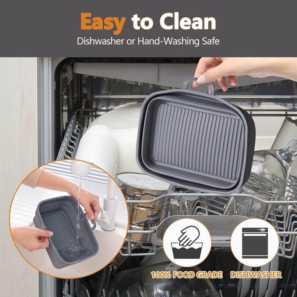 NINJA Air Fryer Silicone Liners - Collapsible 2-Pack for 8QT & 10QT | Reusable Rectangular Gray Basket