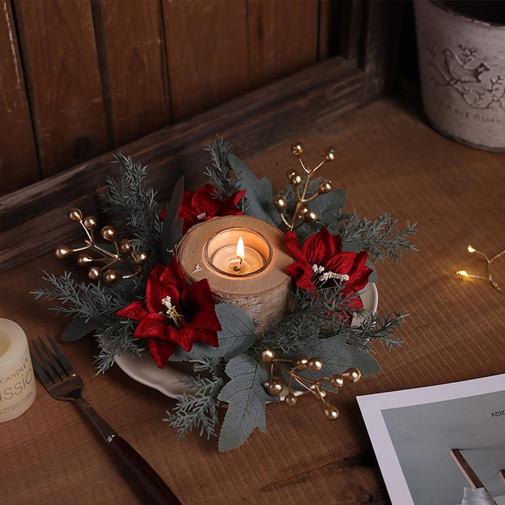 Regine Switzerland Christmas Candle Rings - Festive Pine Needles & Berry Red Flowers | Winter Table Centerpiece Decor