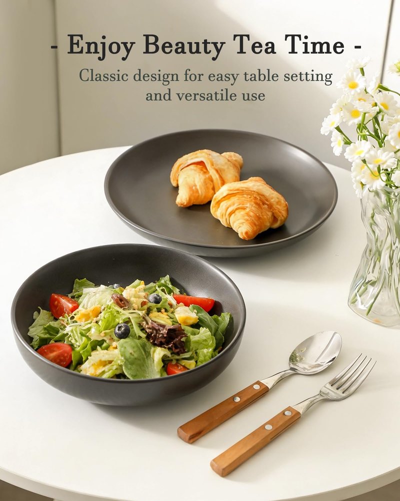 Tikooere Plates and Bowls Sets, 12-Pieces Stoneware Dinnerware Set Ceramic, Matte Black Dishes Set for 4, Scratch Resistant, Microwave and Dishwasher Safe Tableware, Porcelain