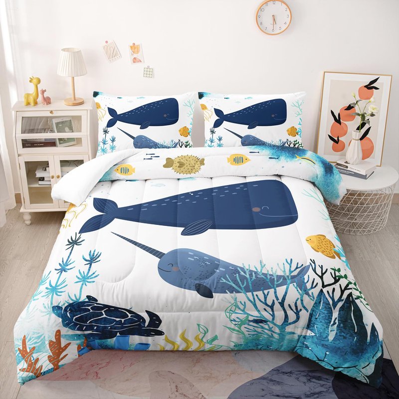 Nttopship Cartoon Whale Bedding Comforter Set for Kids Teens and Adults Ocean Theme Printed Quilt Set for Bedroom 100% Soft Microfiber All Season Print Quilt Set with 1 Comforter and 2 Pillow Case