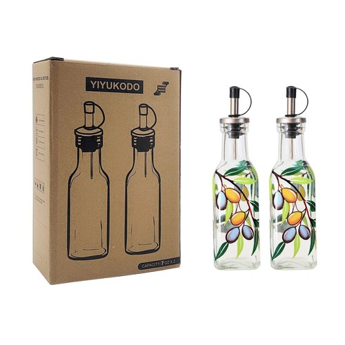 YIYUKODO 7oz Hand Painted Glass Olive Oil Bottle Dispenser - 200ml Green Oil & Vinegar Cruet with Pourers - Olive Oil Carafe Decanter for Kitchen