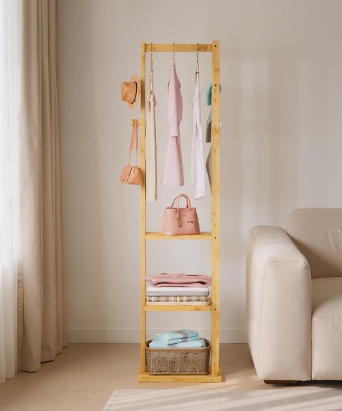 Cozivolife Bamboo Heavy Duty Small Clothing Coat Rack with Shelves & Hooks - Freestanding Corner Garment Rack for Entryway/Bedroom/Small Spaces - Anti-Slip, Anti-Tip Design, Easy Assembly