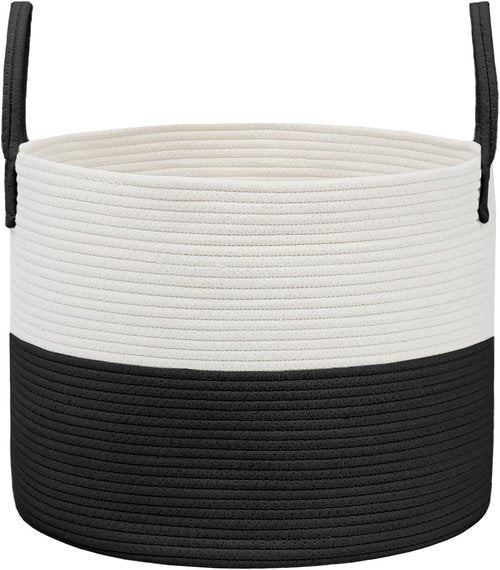 JMvicyroam 65L Extra Large Woven Cotton Rope Blanket Basket - Stylish Storage Hamper for Pillows, Comforters & Toys - Machine Washable, White & Black