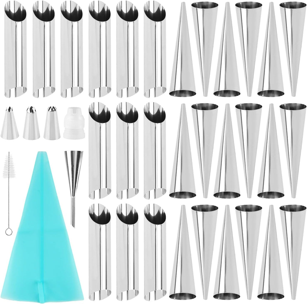 Skiennix 35-Piece Cream Horn Kit - Stainless Steel Cannoli Forms & Baking Pan Set for Pastries