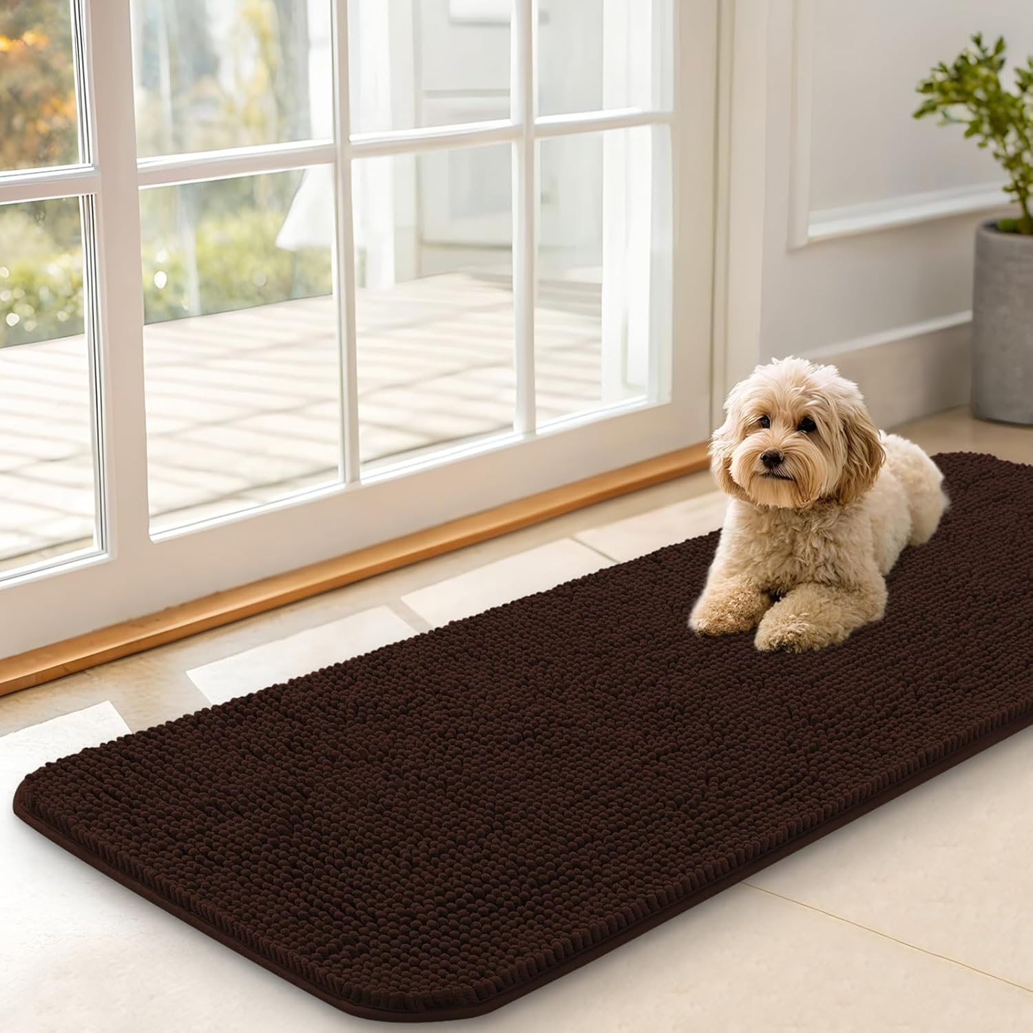OLANLY Dog Door Mat - Absorbent Non-Slip Chenille for Muddy Paws | 47x17 Inches, Quick Dry, Brown