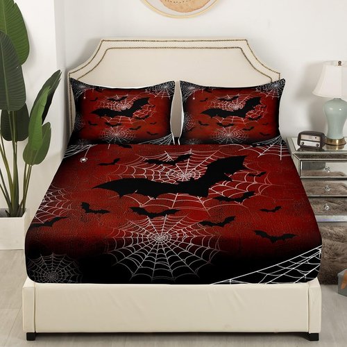 Castle Fairy Halloween Themed Bed Sheet Set Queen Size,Black Bat Gothic Animal Print Bedding Set for Children Adult,White Spider Web Retro Red Sheet Sets with Flat, Fitted Sheet, 2 Pillowcases