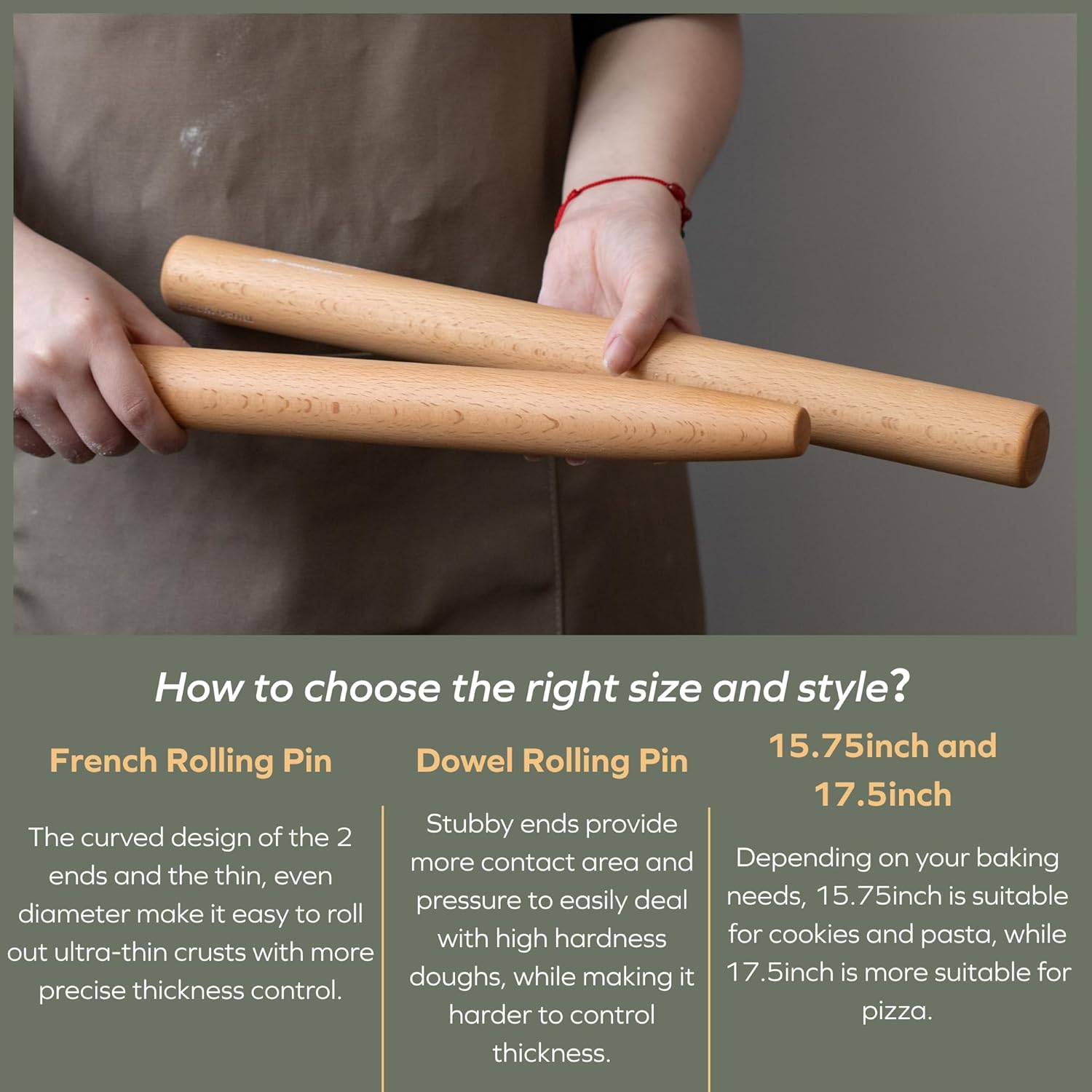 Muso Wood French Rolling Pin - Beech Wood Tapered Design for Baking | 15.75-Inch for Pastry & Cookies