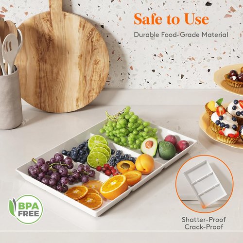 Lifewit Serving Tray Set - 4 Divided Plastic Platters for Food | 15" x 10" White Reusable Trays for Snacks, Veggies & Desserts