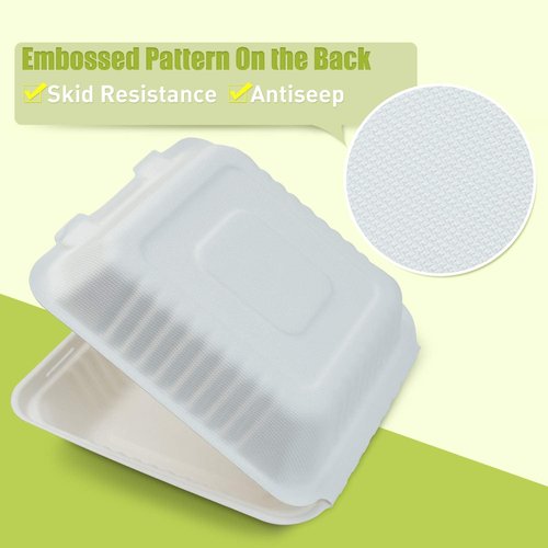 Green Earth 8-Inch, 100-Count, 1-Compartment, Compostable Clamshell, Natural Bagasse, Take-Out/to-Go Boxes - Biodegradable Containers