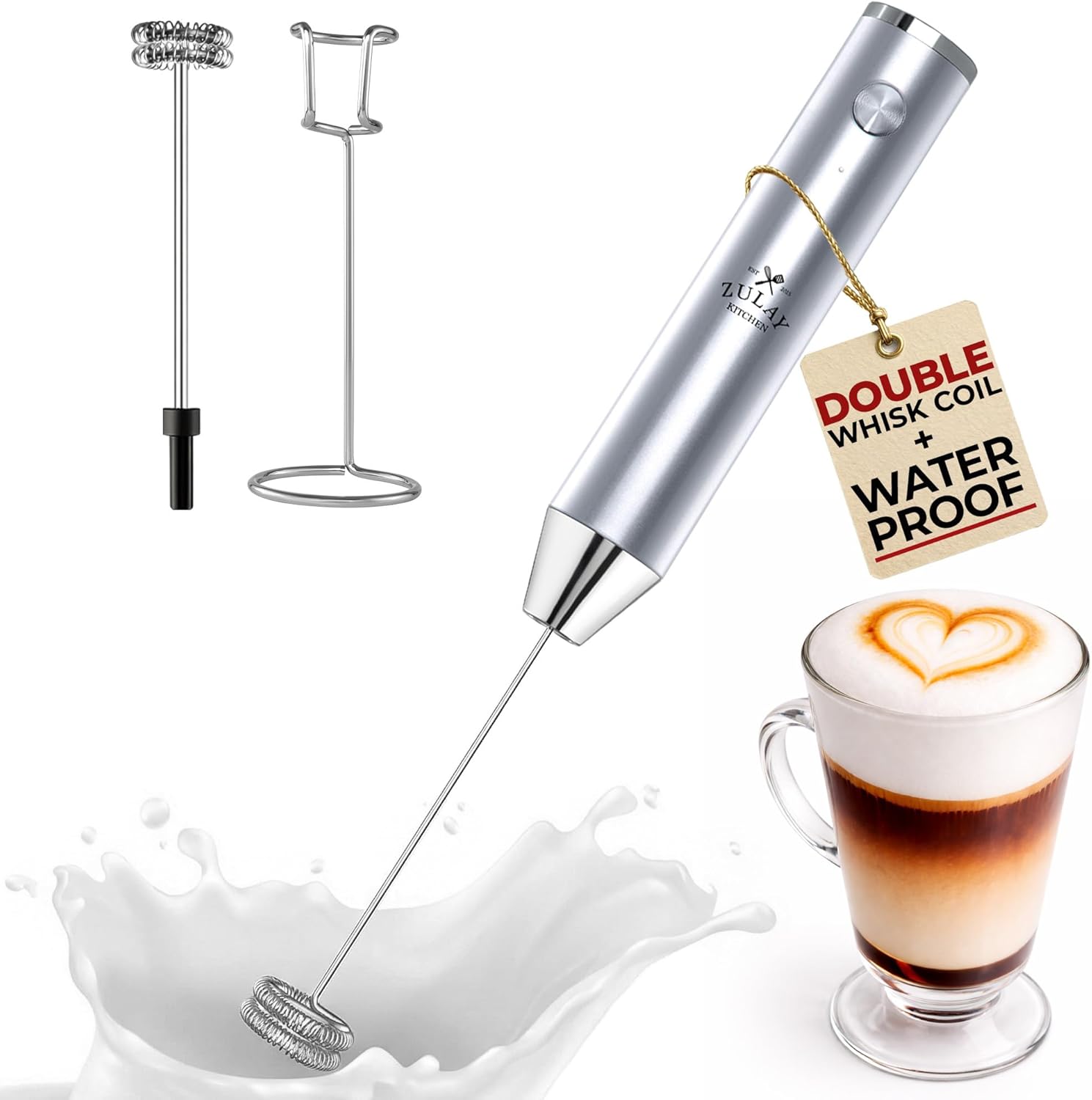 Zulay Kitchen Rechargeable Milk Frother - Powerful 2-Speed Motor, Waterproof, 2000mAh Battery | Perfect for Lattes, Cappuccinos & Matcha - Pure Silver