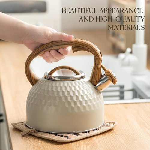 2.5L Stainless Steel Whistling Tea Kettle - Durable & Easy to Clean, Wooden Pattern Handle, Whistling Alert, Ideal for Home & Outdoor Use, Perfect for Tea Brewing, Camping, and More (Beige)