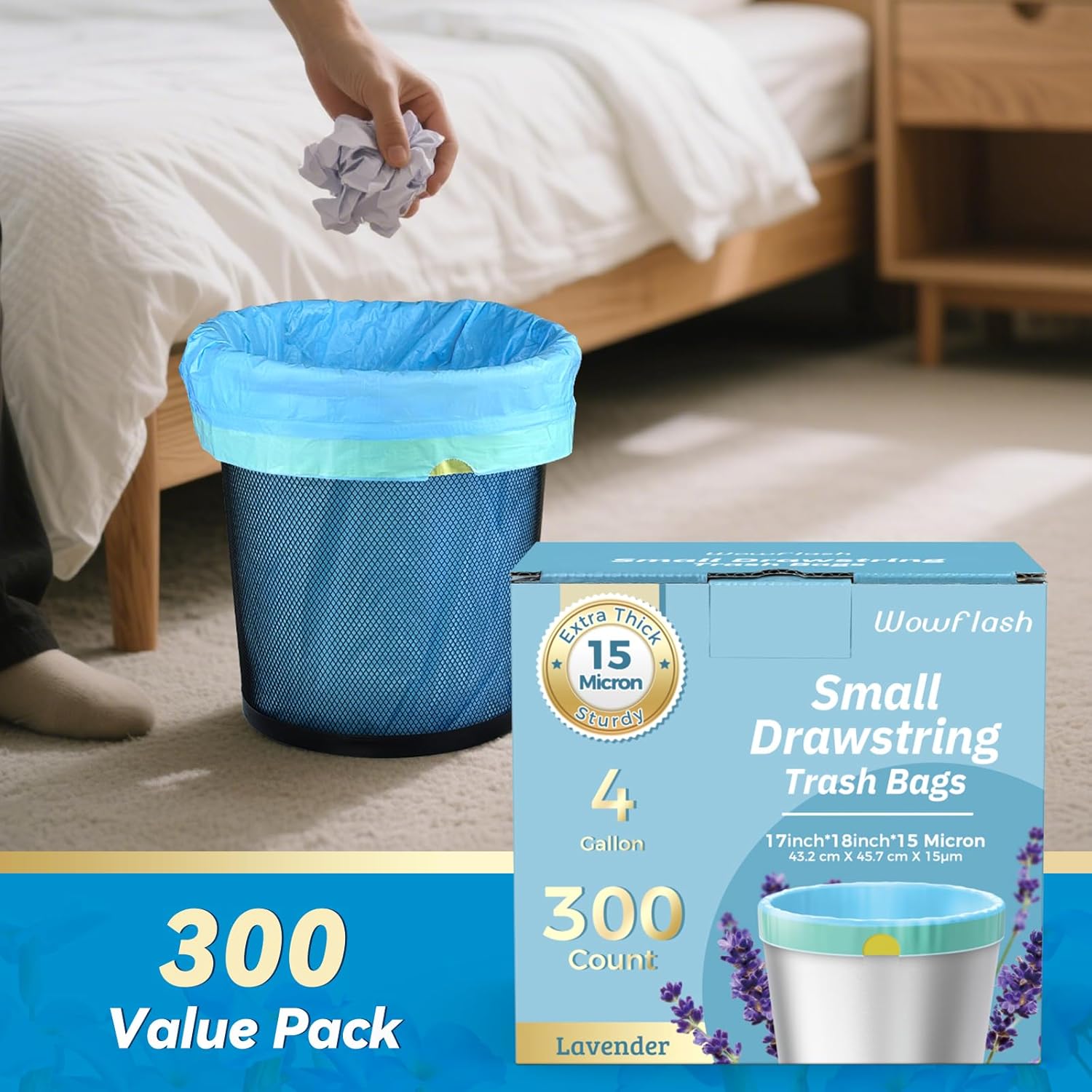 Skiennix 300 Count Extra Thick Drawstring Trash Bags - 15 Micron, Sturdy & Tear-Resistant for Home Use