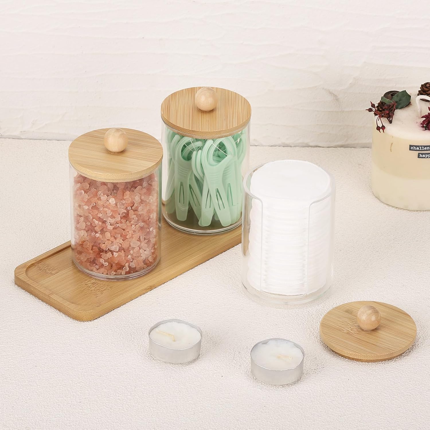 Tbestmax Qtip Holder Set - 10 oz Clear Apothecary Jars with Bamboo Lids | 3 Pack Cotton Swab Dispenser