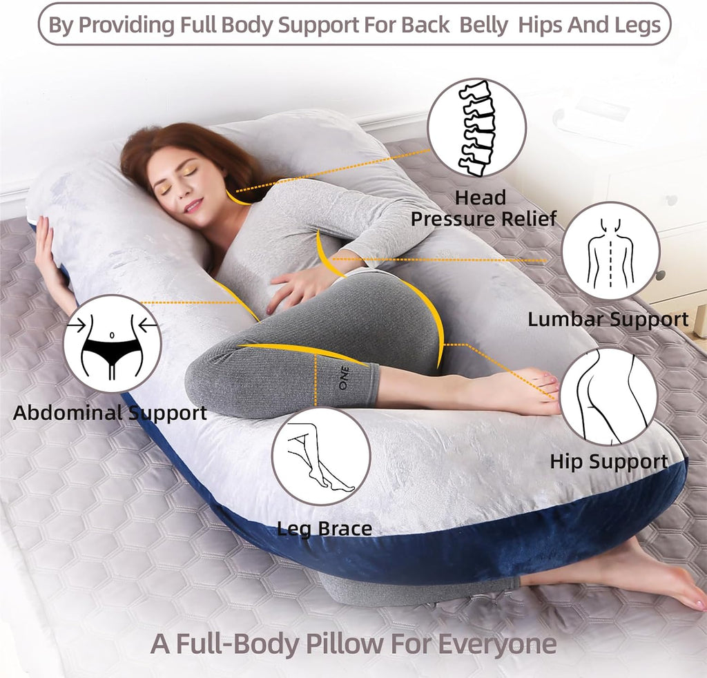 Skiennix 60-Inch Full Body Pregnancy Pillow - Cooling U-Shaped Maternity Support with Washable Velvet Cover | Light Grey & Blue