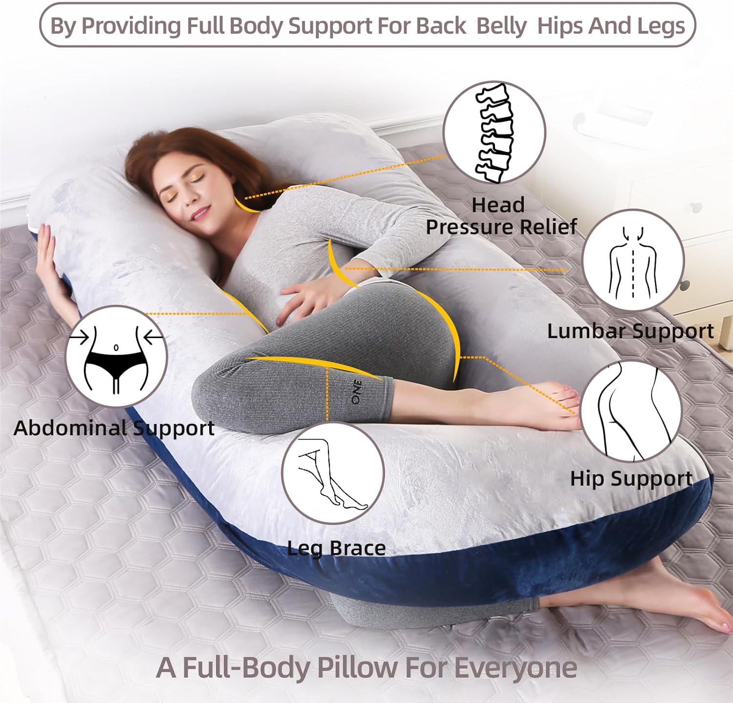Skiennix 60-Inch Full Body Pregnancy Pillow - Cooling U-Shaped Maternity Support with Washable Velvet Cover | Light Grey & Blue
