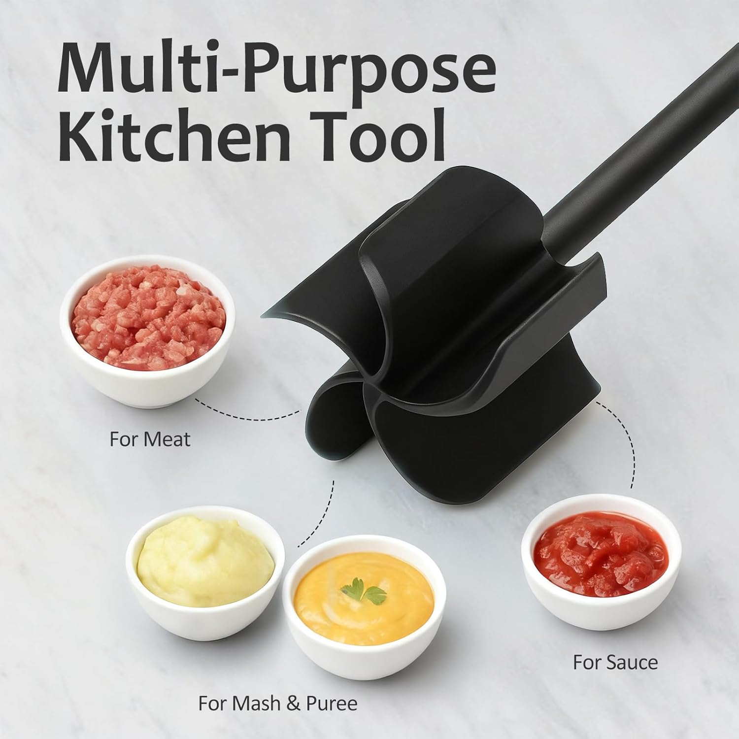 Ourokhome Meat Chopper - Heat Resistant Nylon Potato Masher with 5 Curved Blades | Nonstick Kitchen Tool, Black
