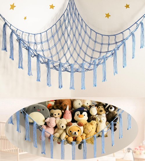 Mirolam Stuffed Animal Storage Hammock Net - Large Hanging Organizer for Nursery Decor - Blue