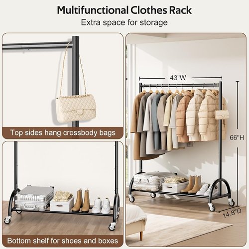 MISSLO Heavy Duty Clothing Rack - Rolling Garment Rack with Wheels for Coats & Dresses - Black
