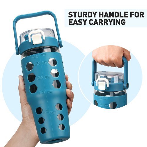 MUKOKO 32 oz Glass Tumbler with Straw,Glass Water Bottles with Time Marker,Iced Coffee Cup with Silicone Sleeve,Motivational Drinking Bottles,Leakproof-Steel Blue
