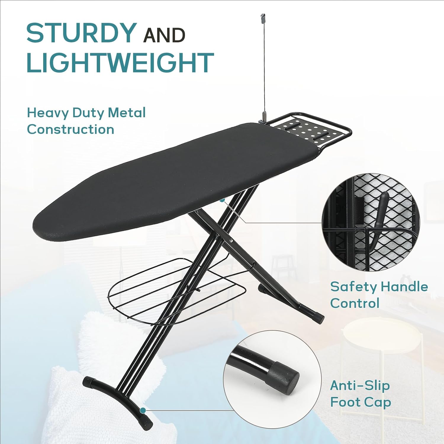 RAINHOL Large Heavy Duty Ironing Board - Adjustable Height with Storage Tray & Cover | 48x15 in, Black