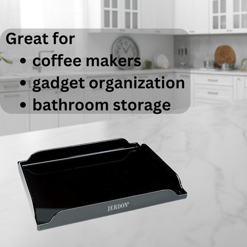 JERDON Black Coffee Maker Tray - 8" by 10" Plastic Tray for Countertop Organization - Raised Edges Designed to Hold Spilled Liquid -Non-Slip - Great for Kitchens or Bathroom Vanity - CMT10B