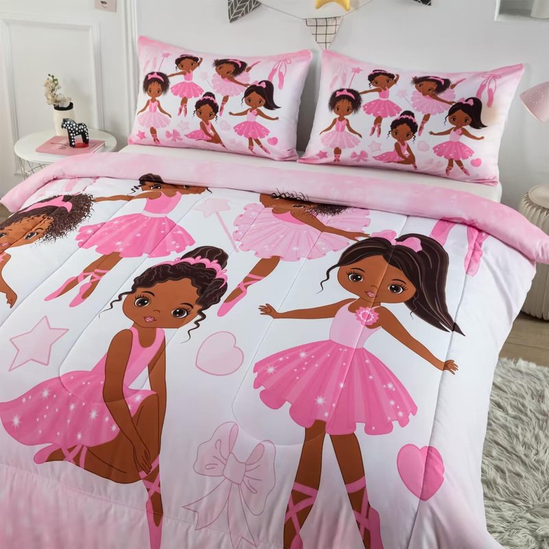 CKOU CCOO Girls Pink Ballerina Comforter Set Full,African American Black Girl Bedding Set,Cute Little Ballet Princess Comforter Set Bedspread for Kids Toddler Girls BeBedroom Set Room Decor