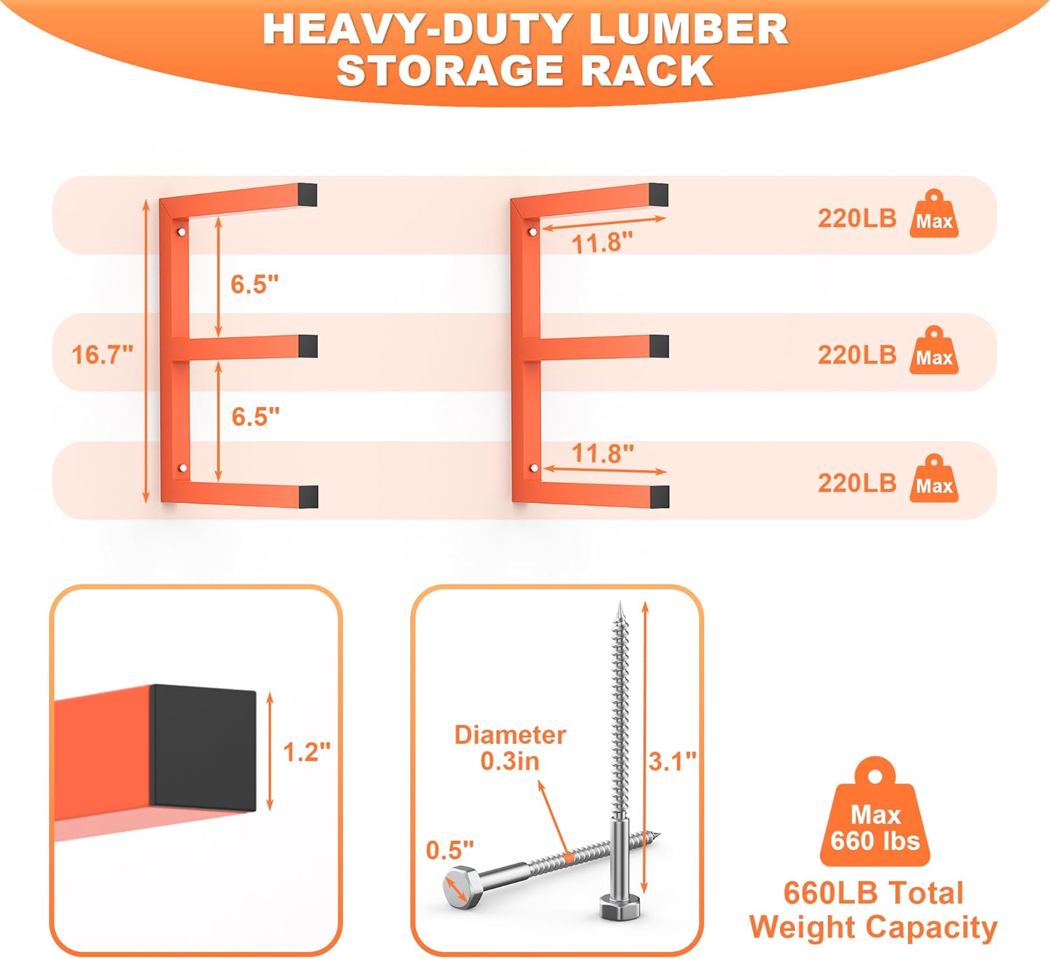 Ultrawall Lumber Storage Rack - Heavy-Duty Wall-Mounted Wood Organizer | Holds 220 LBS Per Level (Pack of 2, Orange)